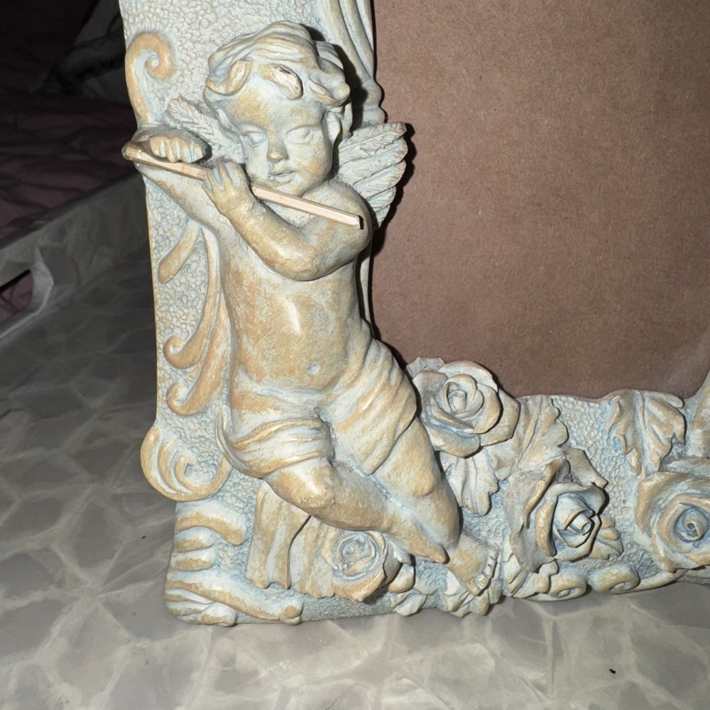 Vtg Ceramic Cherub Picture Frame‎ Blue Gray Gold Tone Textured